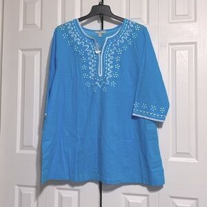 Woman Within pink & off white cotton embroidered sequin tunic top shirt size 1X